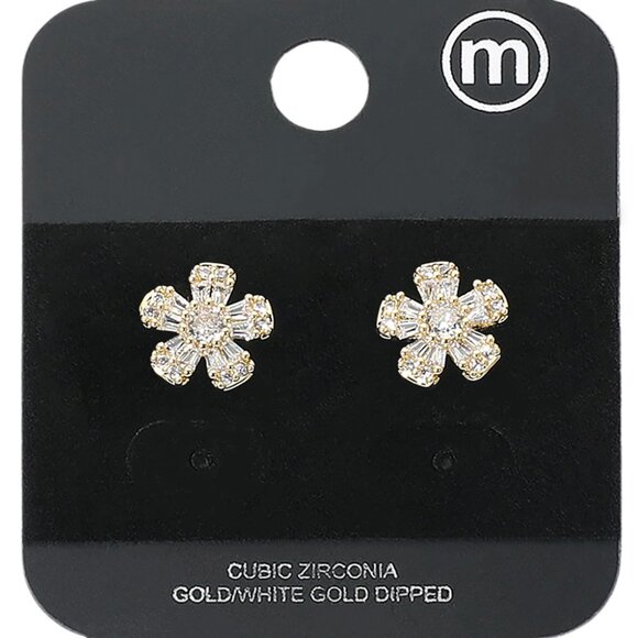 Gold Dipped Flower & Leaf CZ Stone Stud Earrings in Gold - Picture 1 of 1